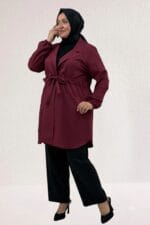 Büyük Beden Bağlamalı Nora Ceket - Bordo - 63018 - Görsel 4