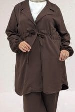 Büyük Beden Beli Bağlamalı Pantolon Ceket Nora Takım - Kahve - 67019 - Görsel 2