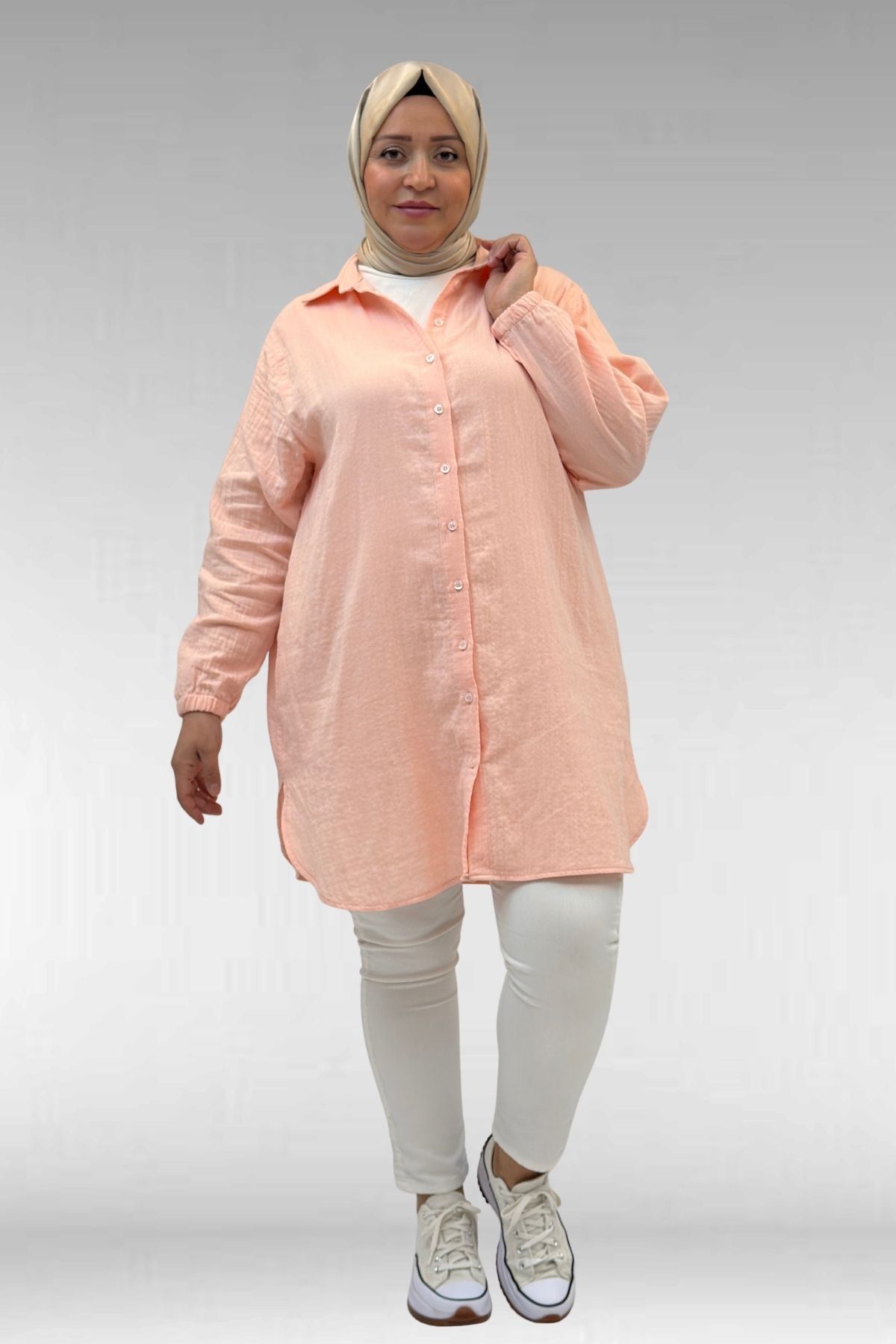 58091 Büyük Beden Kolları Lastikli Müslin Gömlek - Toz Pembe 58091 Büyük Beden Kolları Lastikli Müslin Gömlek - Toz Pembe