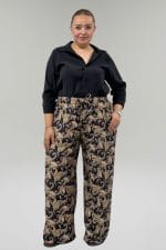 Büyük Beden Beli Lastikli Cepli Bol Paça Mango Pantolon - Etnik Desen Siyah - 69013 - Görsel 3