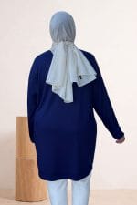 Büyük Beden Kendi Kumaşından Ribanalı Modal Tunik - İndigo - 68052 - Görsel 4
