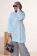 Büyük Beden Kendi Kumaşından Ribanalı Modal Tunik - Ekru - 68052 - Görsel 2
