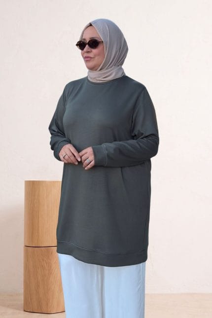 68052 Büyük Beden Kendi Kumaşından Ribanalı Modal Tunik - Haki