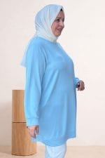 Büyük Beden Kendi Kumaşından Ribanalı Modal Tunik - Bebe Mavi - 68052 - Görsel 2