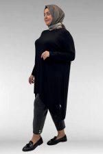 Büyük Beden Asimetrik Kesim Penye Tunik - Siyah - 58070 - Görsel 5