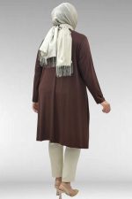 Büyük Beden Asimetrik Kesim Penye Tunik - Kahve - 58070 - Görsel 6