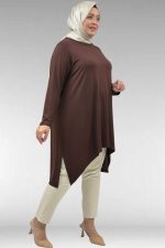 Büyük Beden Asimetrik Kesim Penye Tunik - Kahve - 58070 - Görsel 5