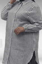Büyük Beden Kolları Lastikli Erkek Yaka Gömlek - Çizgili Lacivert - 68051 - Görsel 11