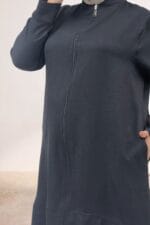 Büyük Beden Boydan Fermuarlı Melanj Keten Kap - Siyah - 63017 - Görsel 2