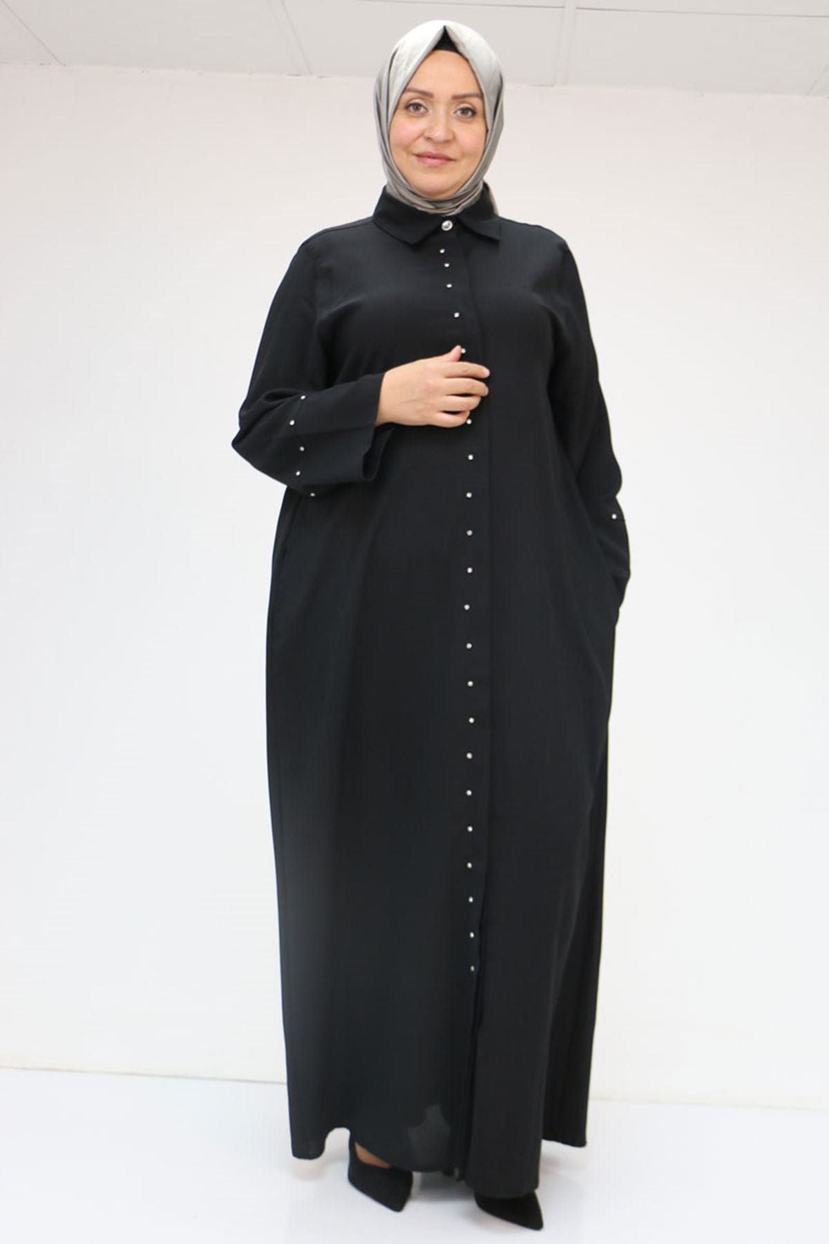 56012 Büyük Beden Kol Garnili Etamin Abaya Ferace - Siyah 56012 Büyük Beden Kol Garnili Etamin Abaya Ferace - Siyah