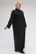 Büyük Beden Kol Garnili Etamin Abaya Ferace - Siyah - 56012 - Görsel 2