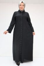 Büyük Beden Kol Garnili Etamin Abaya Ferace - Siyah - 56012 - Görsel 4