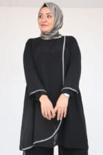 Büyük Beden Taş Baskı Detaylı Sandy Şifon Pantolonlu Takım - Siyah - 47064 - Görsel 2