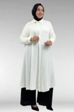 Büyük Beden Broş Detaylı Mevlana Gömlek - Ekru - 68034 - Görsel 4