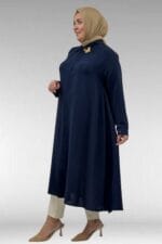 Büyük Beden Broş Detaylı Mevlana Gömlek - Lacivert - 68034 - Görsel 4