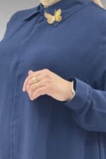 Büyük Beden Broş Detaylı Mevlana Gömlek - Lacivert - 68034 - Görsel 2