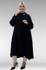 68034 Büyük Beden Broş Detaylı Mevlana Gömlek - Siyah