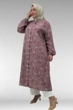 Büyük Beden Hakim Yaka Boydan Düğmeli Mango Tunik - Etnik Desen Pudra - 68046 - Görsel 4
