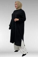 Büyük Beden Boydan Düğmeli Double Tensel Tunik - Siyah - 68047 - Görsel 5