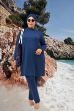 Büyük Beden Düz Renk Tesettür Mayo - İndigo - 1738 - Görsel 5