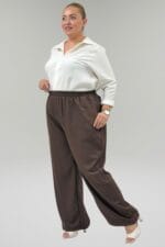 Büyük Beden Bolpaçalı Beli Lastikli Nora Pantolon - Kahve - 69015 - Görsel 5