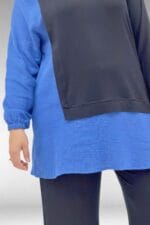 Büyük Beden Omuzu Şal Duruşlu Pantolonlu Takım - İndigo-Siyah - 67025 - Görsel 2