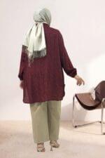 Büyük Beden Kolları Lastikli Jakar Çilek Gömlek - Bordo - 68048 - Görsel 6