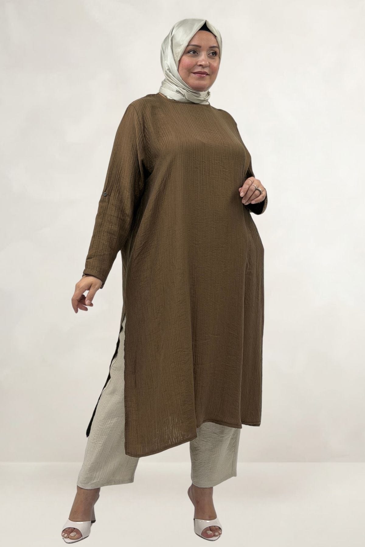 68077 Büyük Beden.Yanları Yırtmaçlı Double Tensel Tunik - Taba 68077 Büyük Beden.Yanları Yırtmaçlı Double Tensel Tunik - Taba