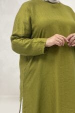 Büyük Beden.Yanları Yırtmaçlı Double Tensel Tunik - Yağ Yeşili - 68077 - Görsel 2