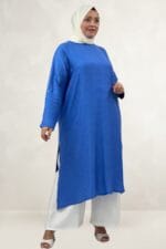 Büyük Beden.Yanları Yırtmaçlı Double Tensel Tunik - İndigo - 68077 - Görsel 3