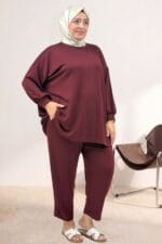 Büyük Beden Düşük Kol Modal Pantolonlu Takım - Bordo - 67069 - Görsel 3