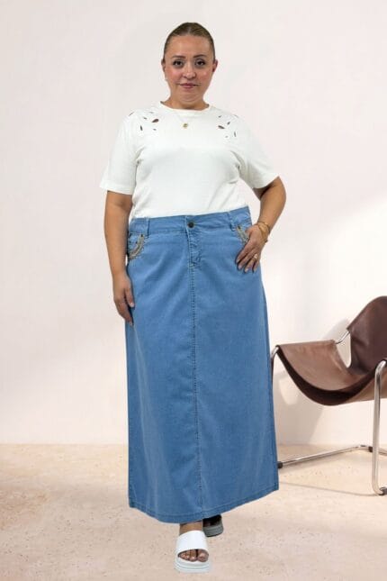 2209-1 S2 Cep İşlemeli Kot Etek - Buz Mavi