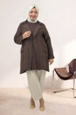Büyük Beden Mostralı Blazer Double Tensel Ceket - Kahve - 63016 - Görsel 3