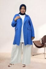 Büyük Beden Mostralı Blazer Double Tensel Ceket - İndigo - 63016 - Görsel 3