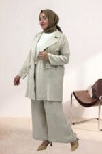 Büyük Beden Pantolon -Ceket Kombinli Double Tensel Takım - Taş - 67065 - Görsel 3