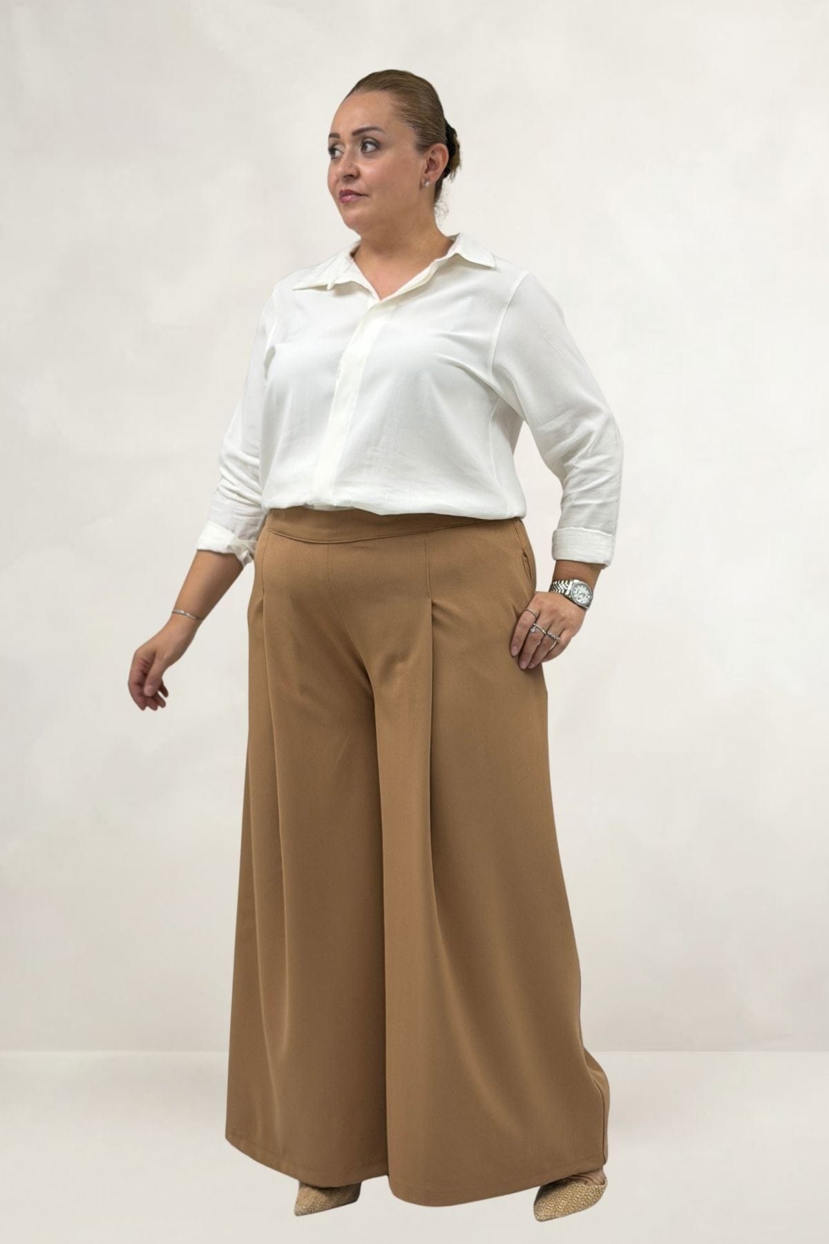 69020 Büyük Beden Beli Lastikli Double Etek Pantolon - Taba 69020 Büyük Beden Beli Lastikli Double Etek Pantolon - Taba