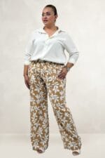 Büyük Beden Beli Lastikli Desenli Mango Pantolon - Yaprak Desen Taba - 69023 - Görsel 3