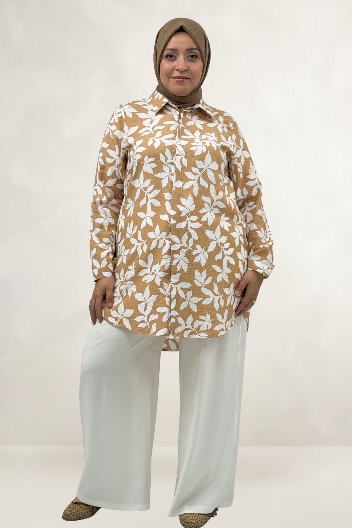 68094 Büyük Beden Manşetli Desenli Mango Tunik - Yaprak Desen Taba 68094 Büyük Beden Manşetli Desenli Mango Tunik - Yaprak Desen Taba