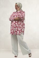 Büyük Beden Manşetli Desenli Mango Tunik - Yaprak Desen Pembe - 68094 - Görsel 3