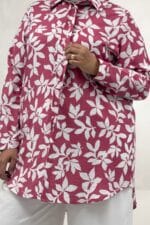 Büyük Beden Manşetli Desenli Mango Tunik - Yaprak Desen Pembe - 68094 - Görsel 2