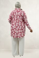 Büyük Beden Manşetli Desenli Mango Tunik - Yaprak Desen Pembe - 68094 - Görsel 4