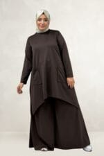 Büyük Beden Eteği Oval Kesim Modal Tunik - Kahve - 68086 - Görsel 2