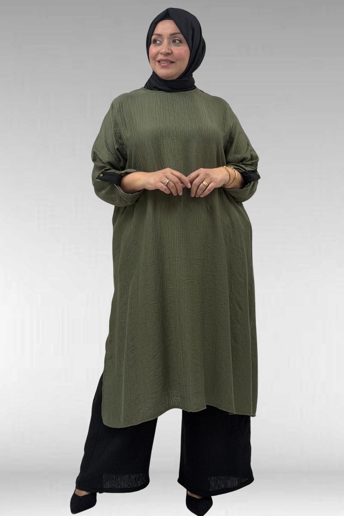67049 Büyük Beden Yanı Yırtmaçlı Renk Kombinli Pant. Double Tensel Takım - Haki 67049 Büyük Beden Yanı Yırtmaçlı Renk Kombinli Pant. Double Tensel Takım - Haki