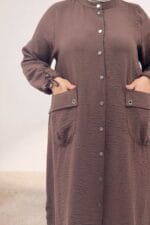 Büyük Beden Çıtçıtlı Kuşgözü Detaylı Keten Kap - Kahve - 63009 - Görsel 2