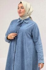Büyük Beden Mevlana Kesim Tensel Kot Gömlek - Kar Yıkama Buz Mavi - 68023 - Görsel 10