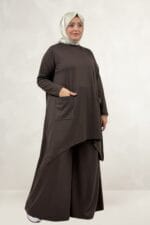 Büyük Beden Eteği Oval Kesim Modal Tunik - Kahve - 68086 - Görsel 4
