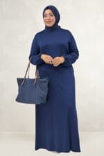 Büyük Beden Kolu Lastikli Modal Elbise - Lacivert - 62020 - Görsel 4