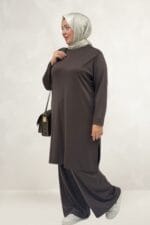 Büyük Beden Yanı Yırtmaçlı Modal Tunik - Kahve - 68096 - Görsel 3