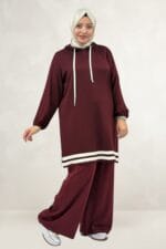 Büyük Beden Şerit Detaylı Modal Tunik - Bordo - 68098 - Görsel 4