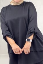 Büyük Bedenerkek Yaka Eteği Parçalı Modal Pantolonlu Takım - Siyah - 67074 - Görsel 7